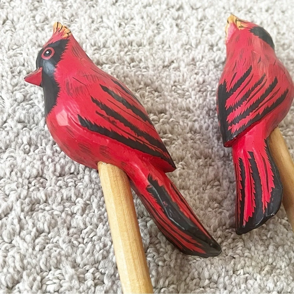 Wooden Salad Serving Set Cardinal Bird Utensils Fork Spoon Farmhouse Cottage